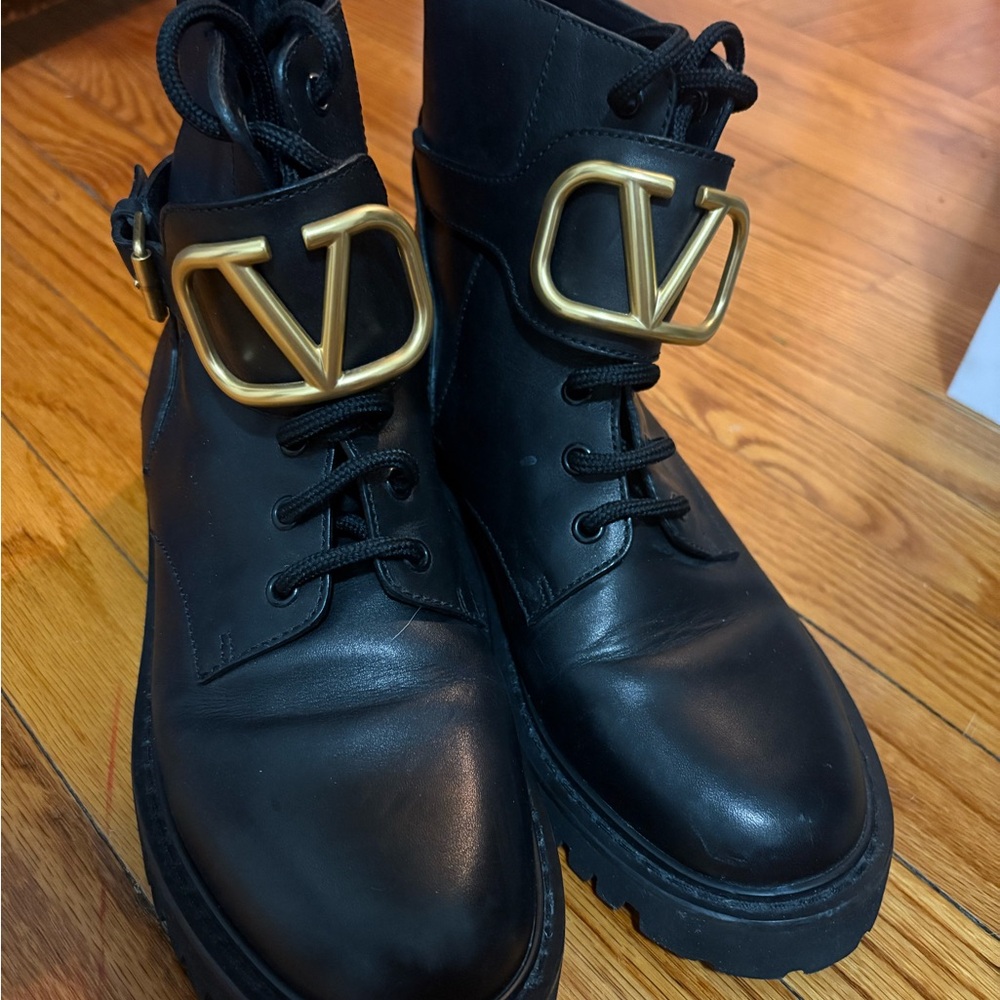 Valentino Garavani Black Combat Boots with Gold Logo
